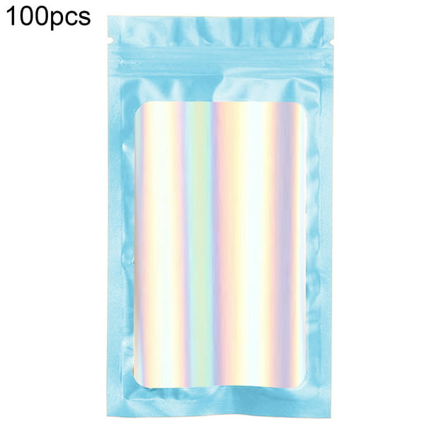 100Pcs/Set Holographic Rainbow Laser Foil Heat Seal Zipped Lock Pouch Bags Favor 
